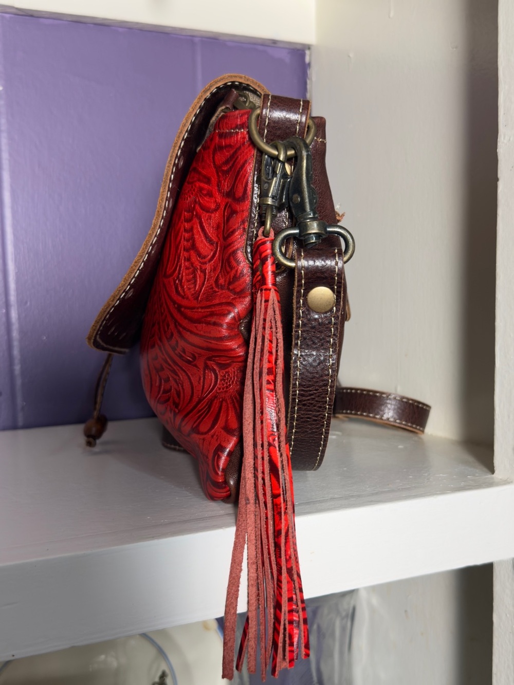 Myra Bag red floral tooled leather crossbody bag Women’s purses - Picture 3 of 11